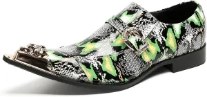 Santimon Mens Loafers Disco Party Dress Slip On Casual Leather Metal Pointed Toe Buckle Shoes Wedding Ballroom Fashion Western Summer Shoes for Men