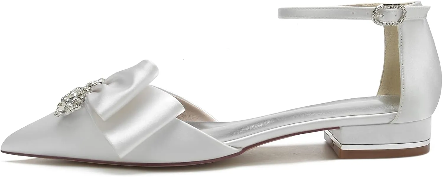 Satin Pointed Toe Flats for Women Ankle Strap Rhinestone Wedding Ballerina Evening Party Guest Shoes