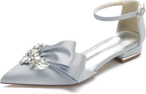 Satin Pointed Toe Flats for Women Ankle Strap Rhinestone Wedding Ballerina Evening Party Guest Shoes