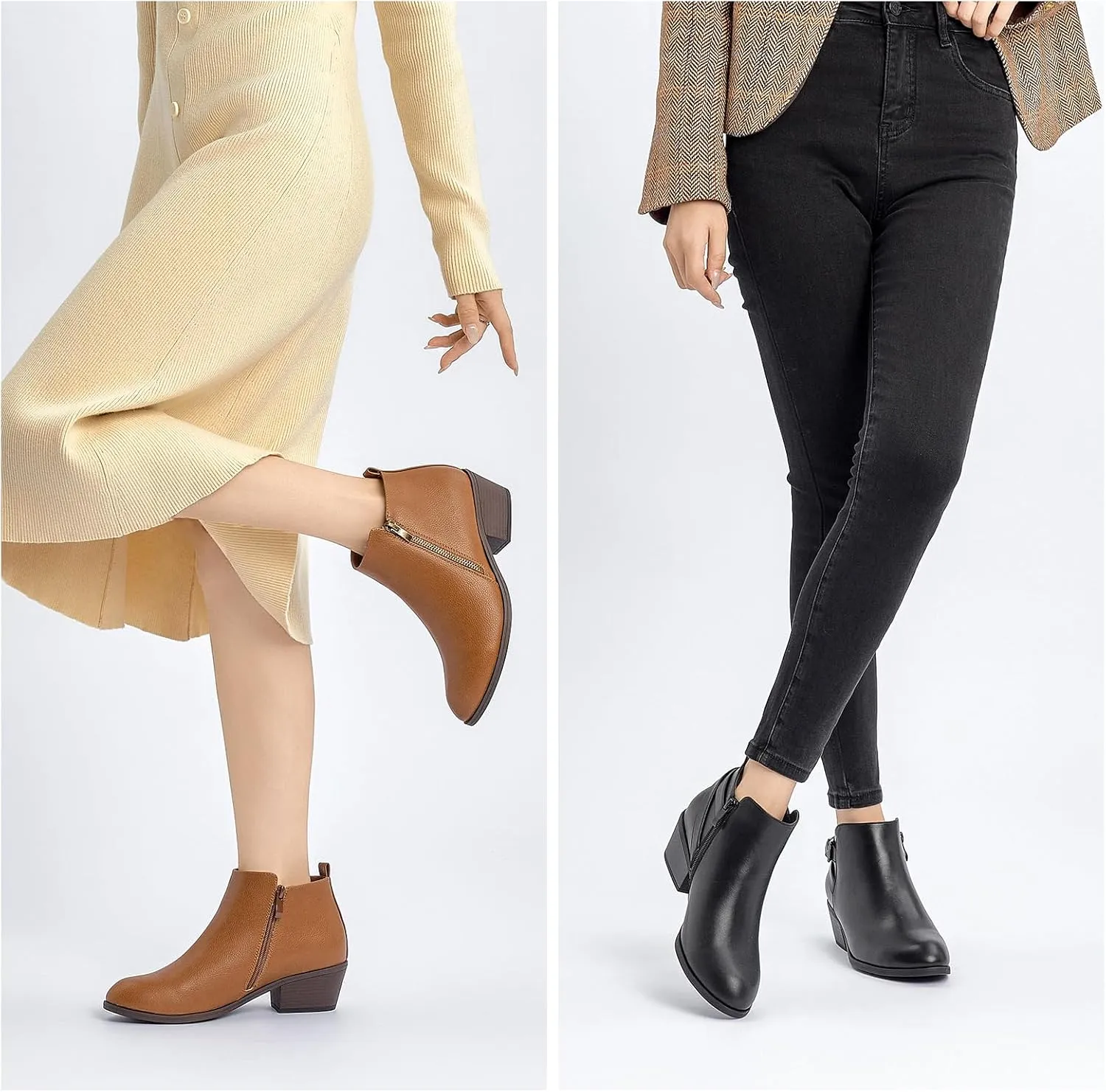 SelenePair Women's Classic Stacked Heel Ankle Boots Fashion Round Toe Suede Booties Ladies Side Zip Shoes