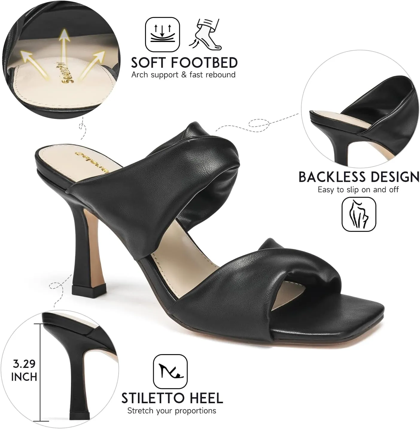 SelenePair Women's Square Open Toe High Heeled Sandals Fashion Stiletto Heel Pumps Backless Peep Toe Slip-on Dress Shoes