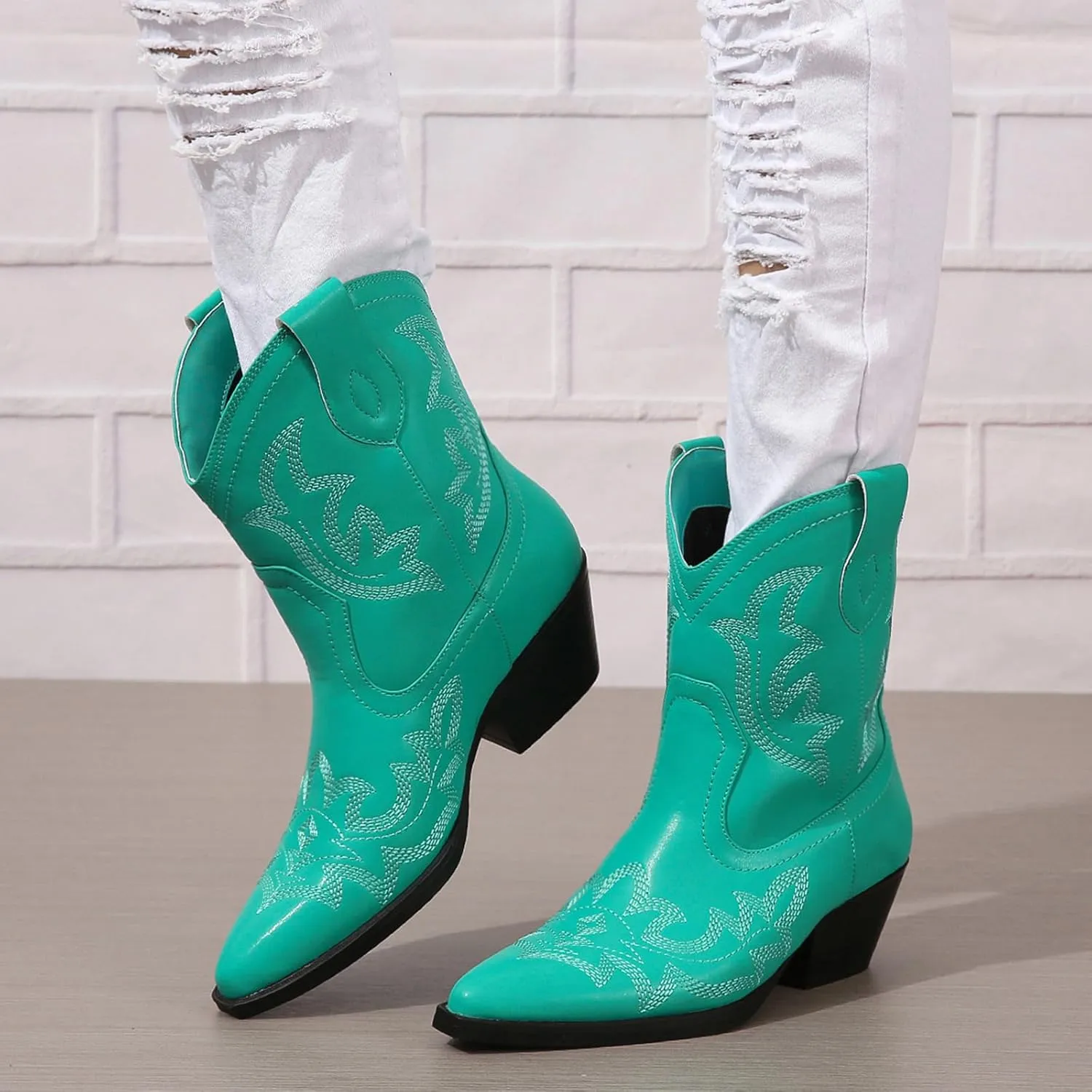 SelRoys Cowboy Boots for Women Ankle Cowgirl Boots Western Pointed Toe Embroidery Stitched Low Chunky Heel Booties Pink Black Green US5-11