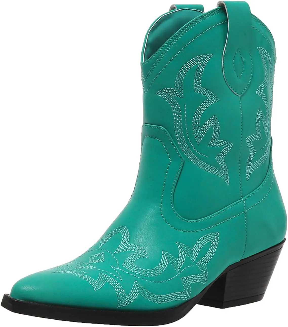 SelRoys Cowboy Boots for Women Ankle Cowgirl Boots Western Pointed Toe Embroidery Stitched Low Chunky Heel Booties Pink Black Green US5-11