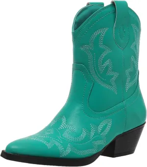 SelRoys Cowboy Boots for Women Ankle Cowgirl Boots Western Pointed Toe Embroidery Stitched Low Chunky Heel Booties Pink Black Green US5-11