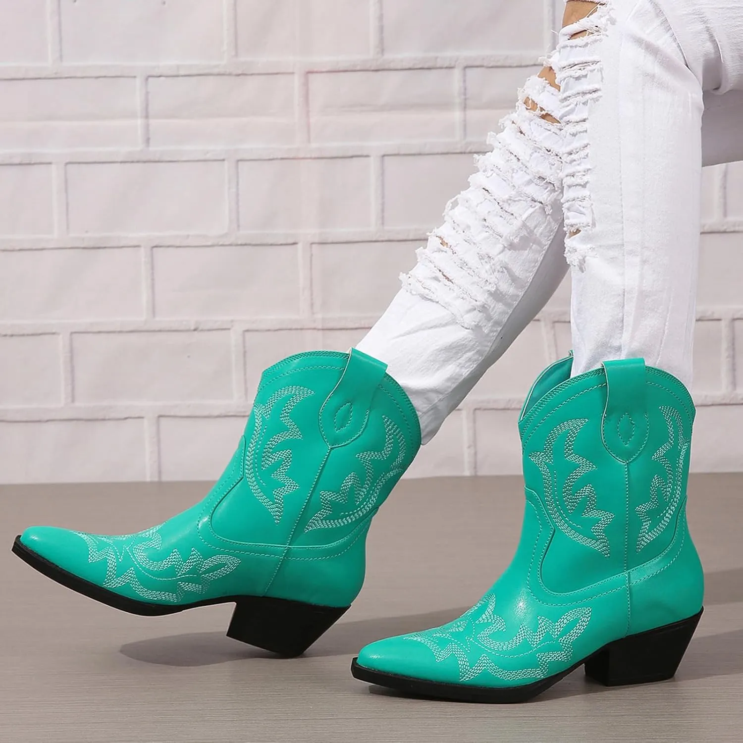SelRoys Cowboy Boots for Women Ankle Cowgirl Boots Western Pointed Toe Embroidery Stitched Low Chunky Heel Booties Pink Black Green US5-11