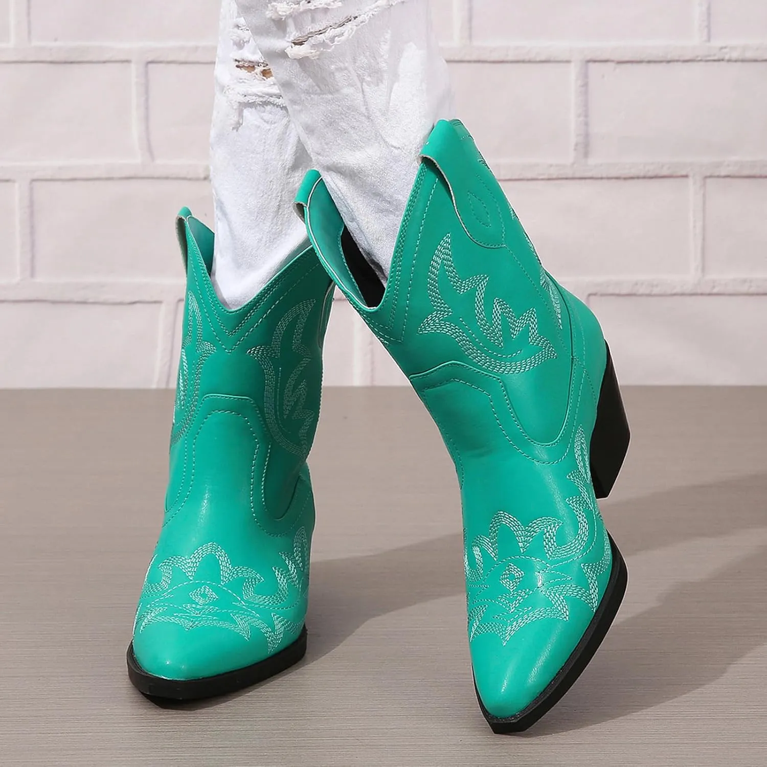 SelRoys Cowboy Boots for Women Ankle Cowgirl Boots Western Pointed Toe Embroidery Stitched Low Chunky Heel Booties Pink Black Green US5-11