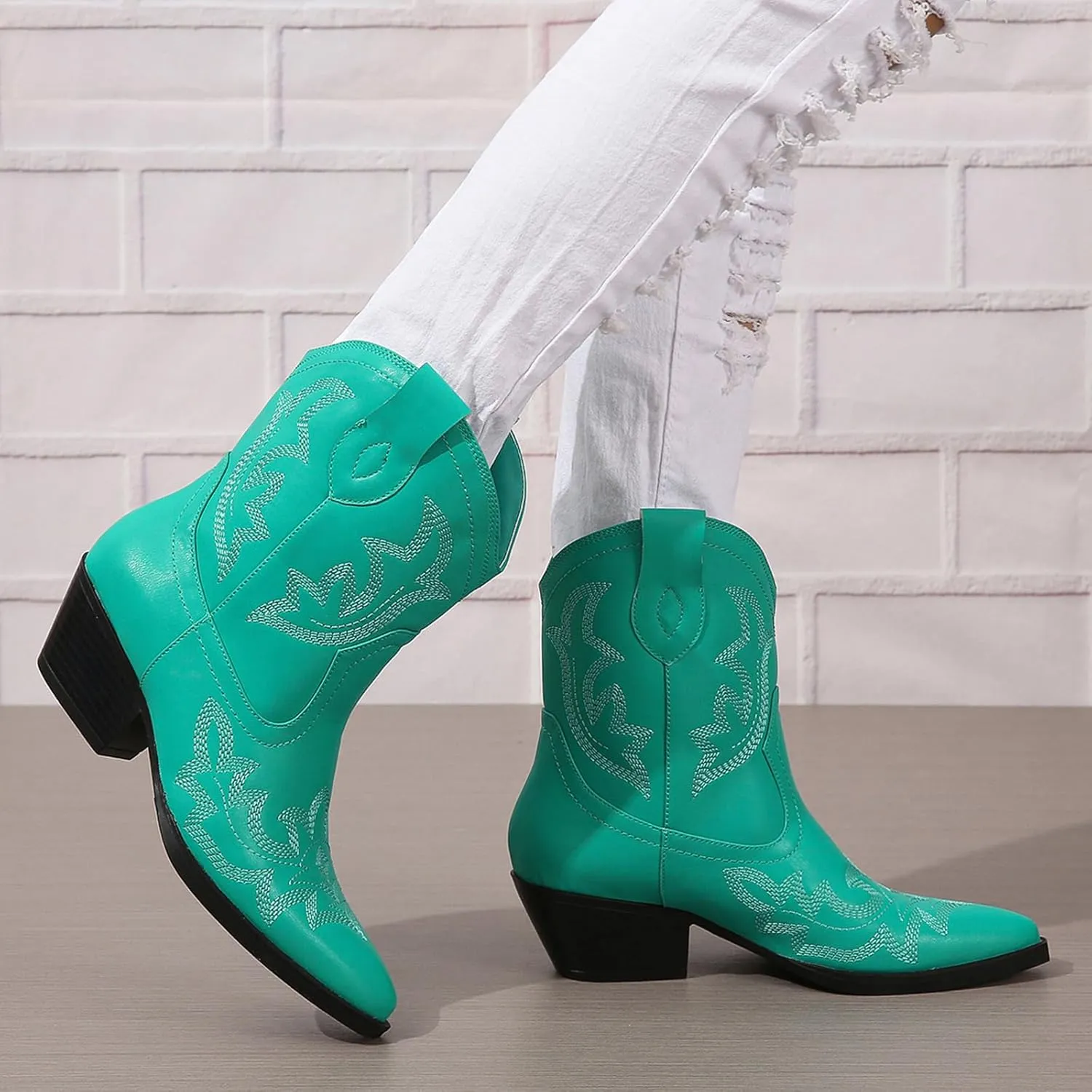 SelRoys Cowboy Boots for Women Ankle Cowgirl Boots Western Pointed Toe Embroidery Stitched Low Chunky Heel Booties Pink Black Green US5-11