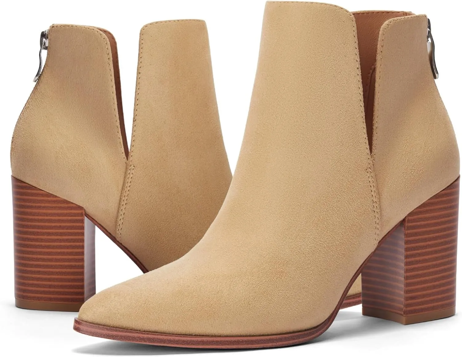 SERAIH Womens Pointed Toe Ankle Booties Stacked Mid Block Heel Cutout Back Zipper Shoes Faux Leather Boots