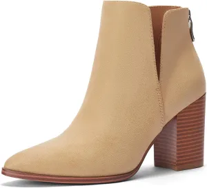 SERAIH Womens Pointed Toe Ankle Booties Stacked Mid Block Heel Cutout Back Zipper Shoes Faux Leather Boots