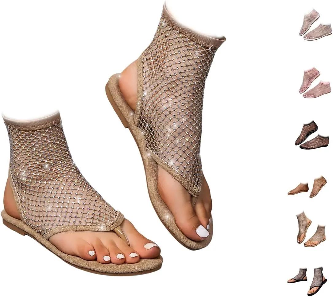 Shiny Gem Mesh Flats Women,Glittery Stretchy Net Shoes Women Ultra Comfortable Shiny Gem Mesh Flats Sparkle Shoe,Sexy Flat Cutout Sparkly Casual Wedding Dress Flats Slip On Sandals