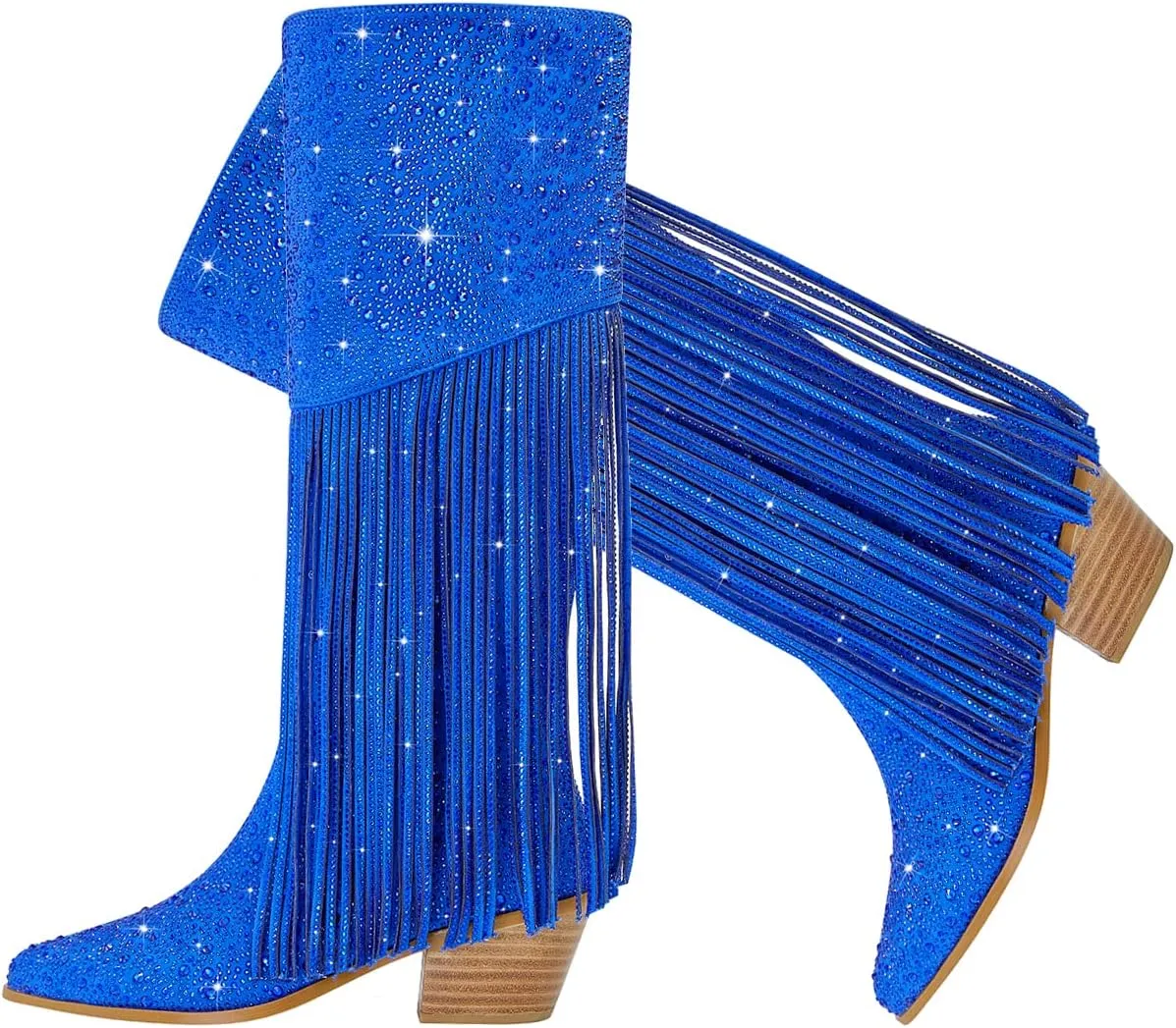 SHODENSE Fashion Rhinestone Boots Women Knee High Western Boots Fringe Low Chunky Stacked Heel Pointed Toe Mid Calf Cowboy Boots Zipper Glitter Tassel Cowgirl Boots Sparkle Dress Boot Fall 4-11 M US