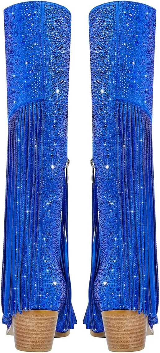 SHODENSE Fashion Rhinestone Boots Women Knee High Western Boots Fringe Low Chunky Stacked Heel Pointed Toe Mid Calf Cowboy Boots Zipper Glitter Tassel Cowgirl Boots Sparkle Dress Boot Fall 4-11 M US