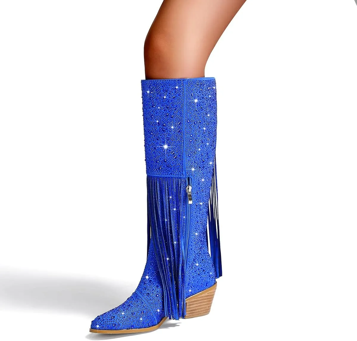 SHODENSE Fashion Rhinestone Boots Women Knee High Western Boots Fringe Low Chunky Stacked Heel Pointed Toe Mid Calf Cowboy Boots Zipper Glitter Tassel Cowgirl Boots Sparkle Dress Boot Fall 4-11 M US