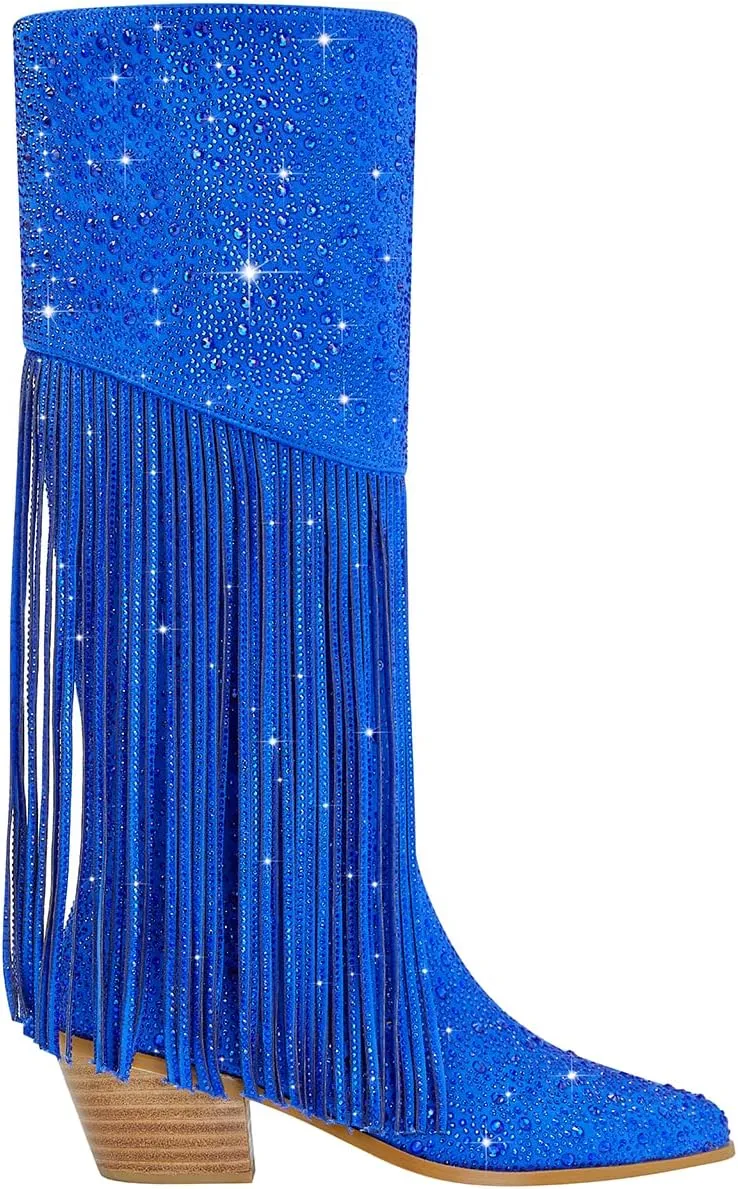 SHODENSE Fashion Rhinestone Boots Women Knee High Western Boots Fringe Low Chunky Stacked Heel Pointed Toe Mid Calf Cowboy Boots Zipper Glitter Tassel Cowgirl Boots Sparkle Dress Boot Fall 4-11 M US