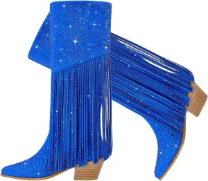 SHODENSE Fashion Rhinestone Boots Women Knee High Western Boots Fringe Low Chunky Stacked Heel Pointed Toe Mid Calf Cowboy Boots Zipper Glitter Tassel Cowgirl Boots Sparkle Dress Boot Fall 4-11 M US