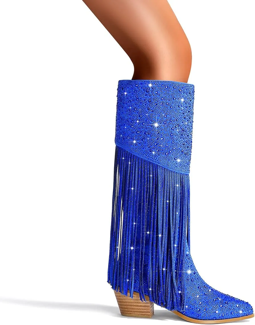 SHODENSE Fashion Rhinestone Boots Women Knee High Western Boots Fringe Low Chunky Stacked Heel Pointed Toe Mid Calf Cowboy Boots Zipper Glitter Tassel Cowgirl Boots Sparkle Dress Boot Fall 4-11 M US