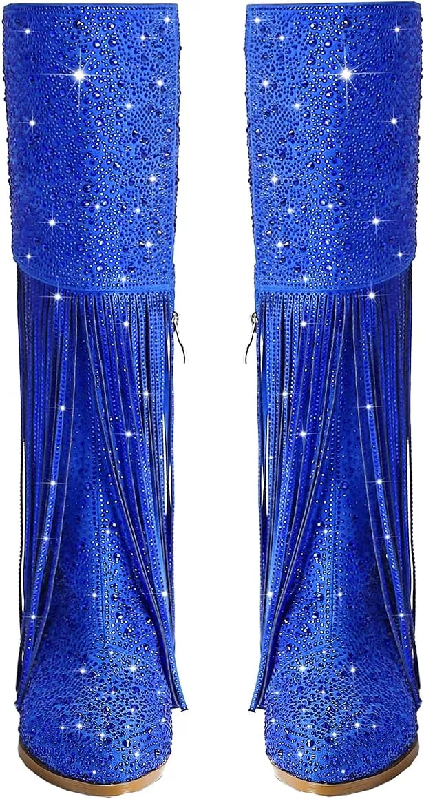 SHODENSE Fashion Rhinestone Boots Women Knee High Western Boots Fringe Low Chunky Stacked Heel Pointed Toe Mid Calf Cowboy Boots Zipper Glitter Tassel Cowgirl Boots Sparkle Dress Boot Fall 4-11 M US