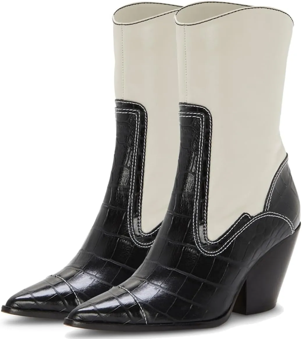 SHODENSE Women Chunky Stacked Heel Cowboy Boots Mid Calf Pointed Toe Side Zipper Suede Cowboy Cowgirl Boots Cap Toe Two-Toned Chelsea Boots Crocodile Patchwork Stitched Fall Fashion Dressy 4-11 M US