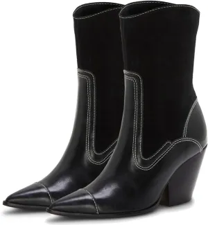 SHODENSE Women Chunky Stacked Heel Cowboy Boots Mid Calf Pointed Toe Side Zipper Suede Cowboy Cowgirl Boots Cap Toe Two-Toned Chelsea Boots Crocodile Patchwork Stitched Fall Fashion Dressy 4-11 M US
