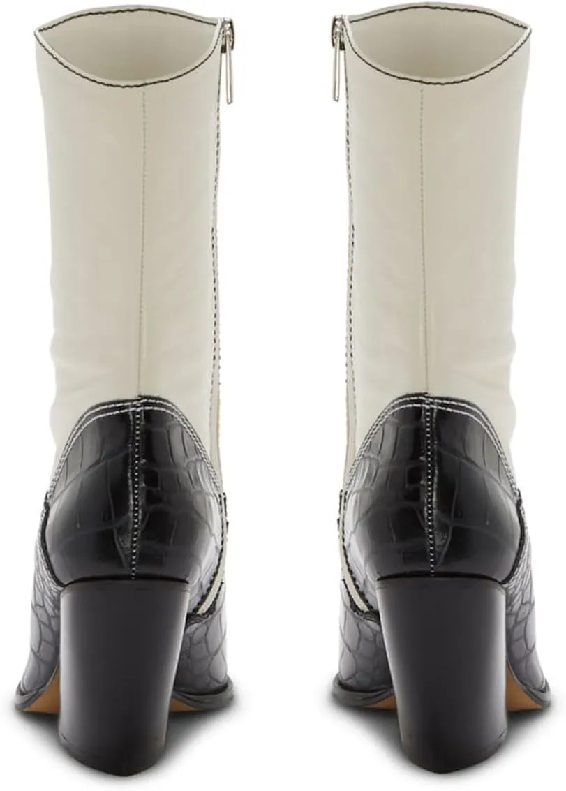 SHODENSE Women Chunky Stacked Heel Cowboy Boots Mid Calf Pointed Toe Side Zipper Suede Cowboy Cowgirl Boots Cap Toe Two-Toned Chelsea Boots Crocodile Patchwork Stitched Fall Fashion Dressy 4-11 M US