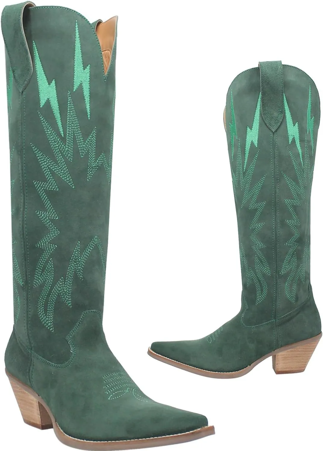 SHODENSE Women Suede Knee High Cowgirl Cowboy Boots Embroidered Stacked Heel Pointed Toe Tall Western Boots Pull On Wide Calf Low Chunky Heel Dress Long Boots Vintage Casual 4-11 M US