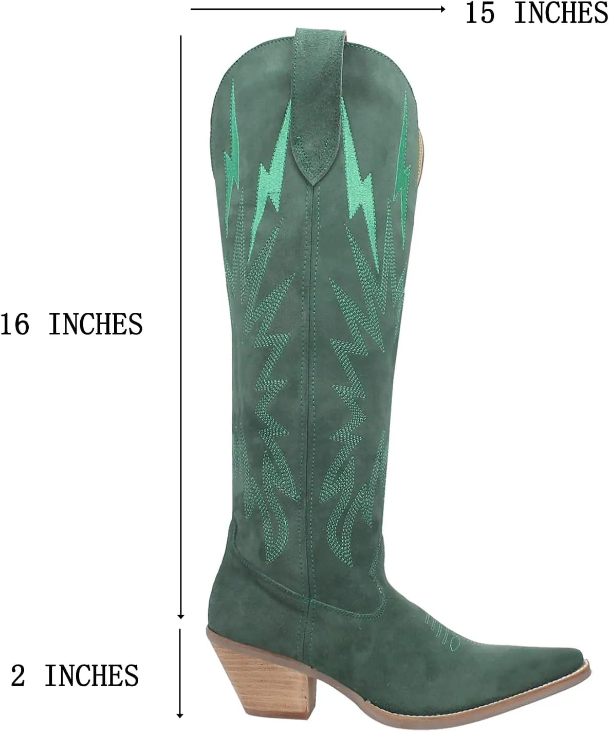 SHODENSE Women Suede Knee High Cowgirl Cowboy Boots Embroidered Stacked Heel Pointed Toe Tall Western Boots Pull On Wide Calf Low Chunky Heel Dress Long Boots Vintage Casual 4-11 M US