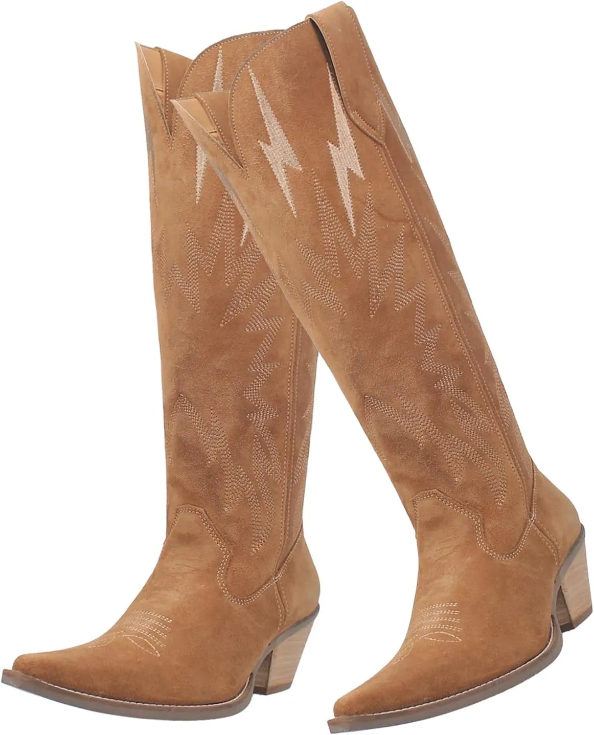 SHODENSE Women Suede Knee High Cowgirl Cowboy Boots Embroidered Stacked Heel Pointed Toe Tall Western Boots Pull On Wide Calf Low Chunky Heel Dress Long Boots Vintage Casual 4-11 M US