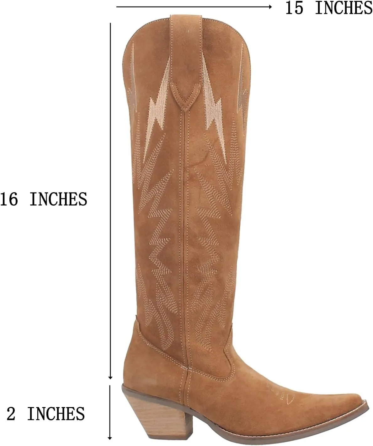 SHODENSE Women Suede Knee High Cowgirl Cowboy Boots Embroidered Stacked Heel Pointed Toe Tall Western Boots Pull On Wide Calf Low Chunky Heel Dress Long Boots Vintage Casual 4-11 M US
