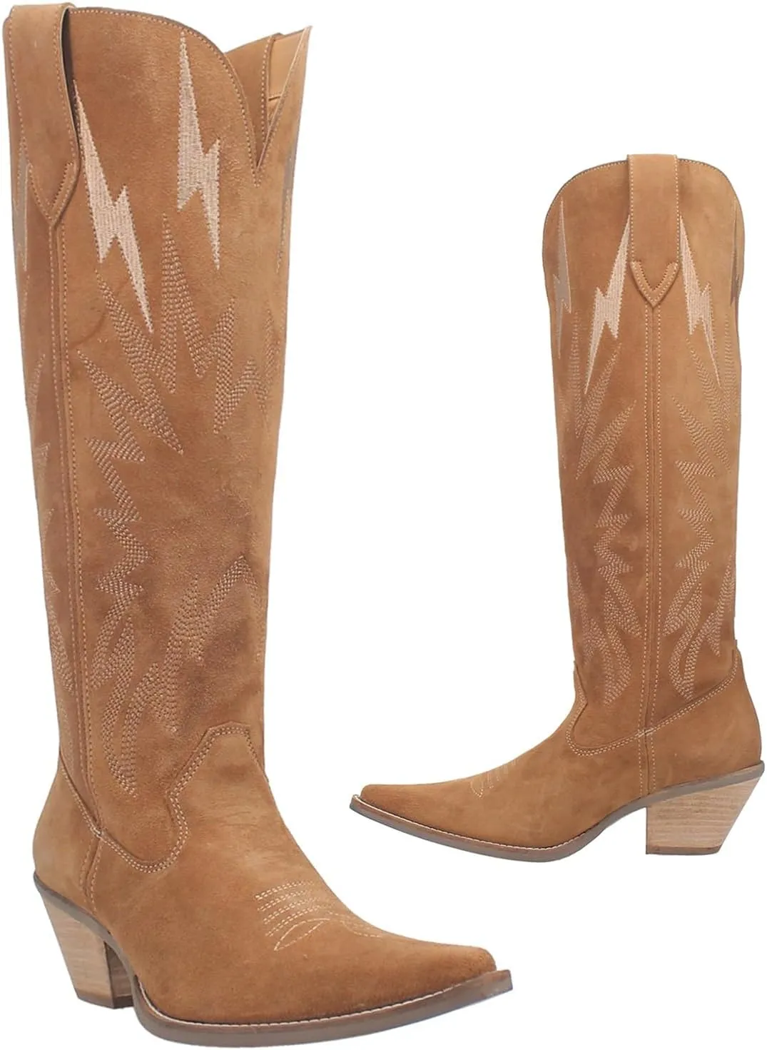 SHODENSE Women Suede Knee High Cowgirl Cowboy Boots Embroidered Stacked Heel Pointed Toe Tall Western Boots Pull On Wide Calf Low Chunky Heel Dress Long Boots Vintage Casual 4-11 M US