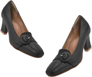 SHODENSE Women Vintage Chunky Block Heel Loafers Square Toe Loafer Pumps 3 inch Block Heeled Dress Shoes Perforated Penny Loafers Buckle Strap Comfortable Office Ladies 4-11 M US