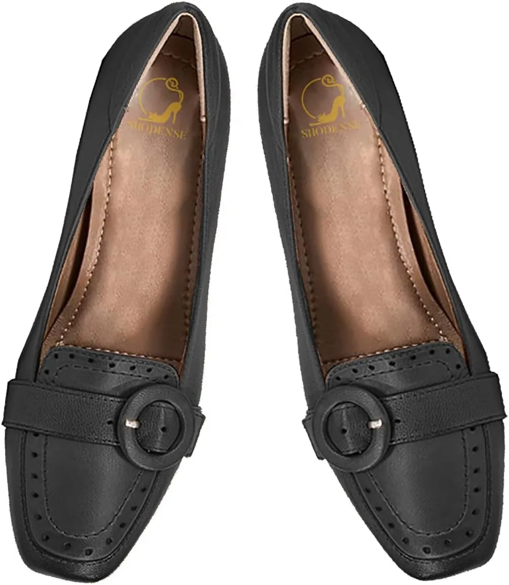 SHODENSE Women Vintage Chunky Block Heel Loafers Square Toe Loafer Pumps 3 inch Block Heeled Dress Shoes Perforated Penny Loafers Buckle Strap Comfortable Office Ladies 4-11 M US