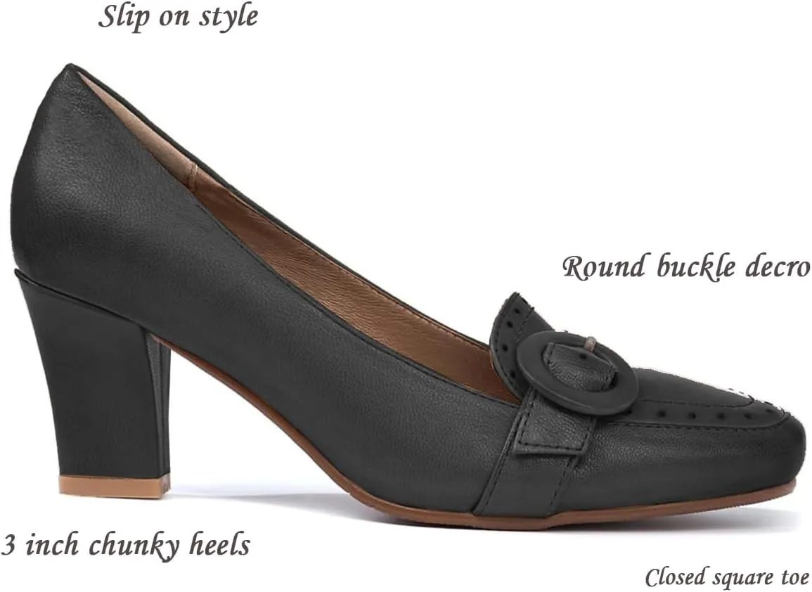 SHODENSE Women Vintage Chunky Block Heel Loafers Square Toe Loafer Pumps 3 inch Block Heeled Dress Shoes Perforated Penny Loafers Buckle Strap Comfortable Office Ladies 4-11 M US