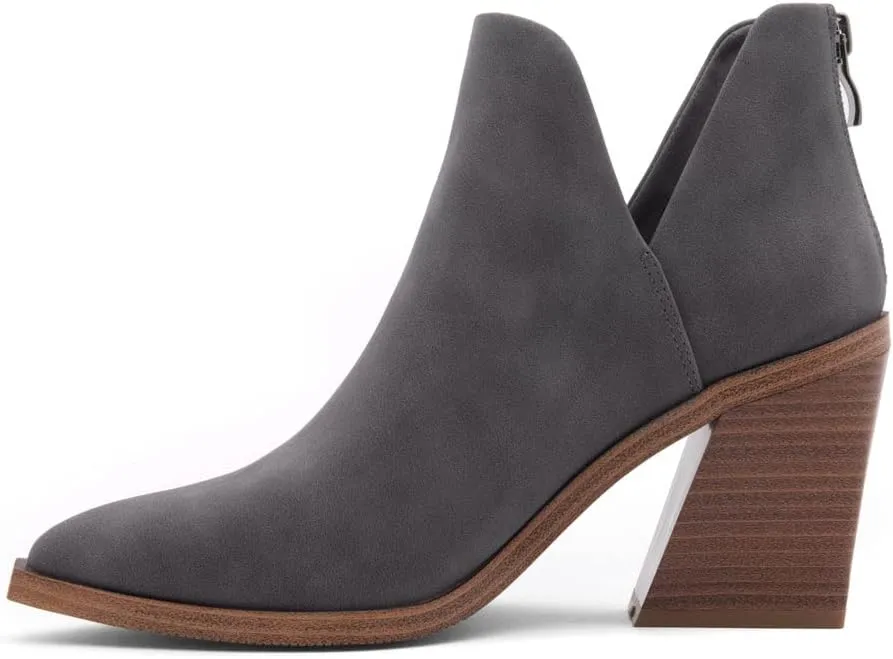 Shoe Land Mingo Women's Ankle Booties Chunky Stack Heels V Cutout Boots Pointed Toe Back Zipper Slip on Shoes
