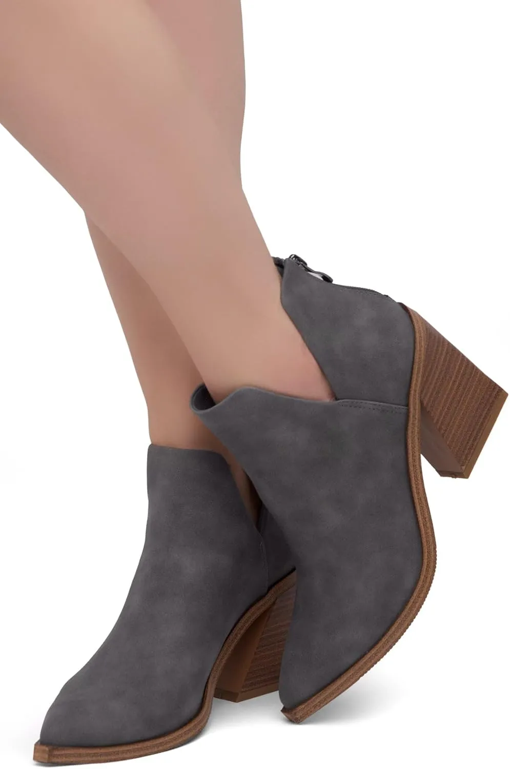 Shoe Land Mingo Women's Ankle Booties Chunky Stack Heels V Cutout Boots Pointed Toe Back Zipper Slip on Shoes