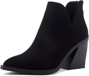 Shoe Land Mingo Women's Ankle Booties Chunky Stack Heels V Cutout Boots Pointed Toe Back Zipper Slip on Shoes