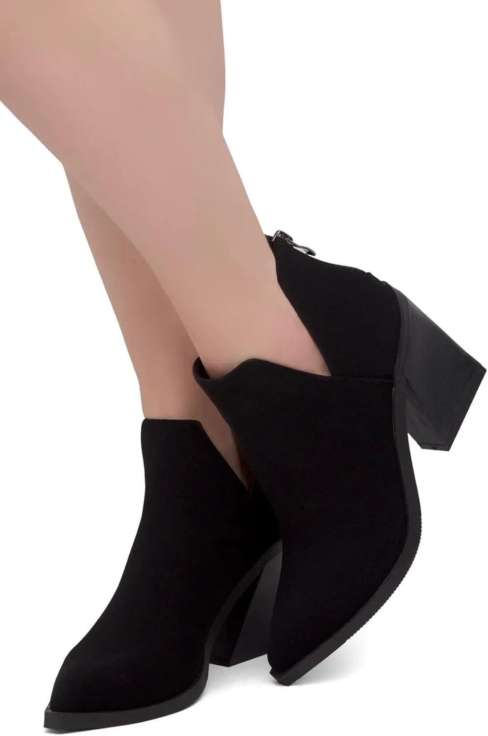 Shoe Land Mingo Women's Ankle Booties Chunky Stack Heels V Cutout Boots Pointed Toe Back Zipper Slip on Shoes