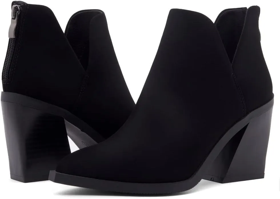 Shoe Land Mingo Women's Ankle Booties Chunky Stack Heels V Cutout Boots Pointed Toe Back Zipper Slip on Shoes