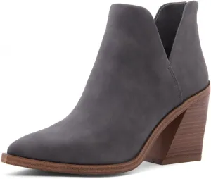Shoe Land Mingo Women's Ankle Booties Chunky Stack Heels V Cutout Boots Pointed Toe Back Zipper Slip on Shoes