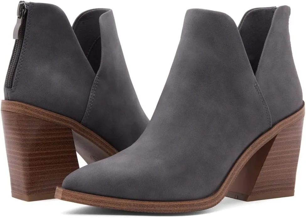 Shoe Land Mingo Women's Ankle Booties Chunky Stack Heels V Cutout Boots Pointed Toe Back Zipper Slip on Shoes