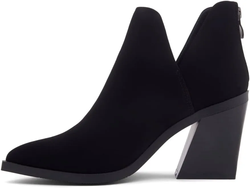 Shoe Land Mingo Women's Ankle Booties Chunky Stack Heels V Cutout Boots Pointed Toe Back Zipper Slip on Shoes