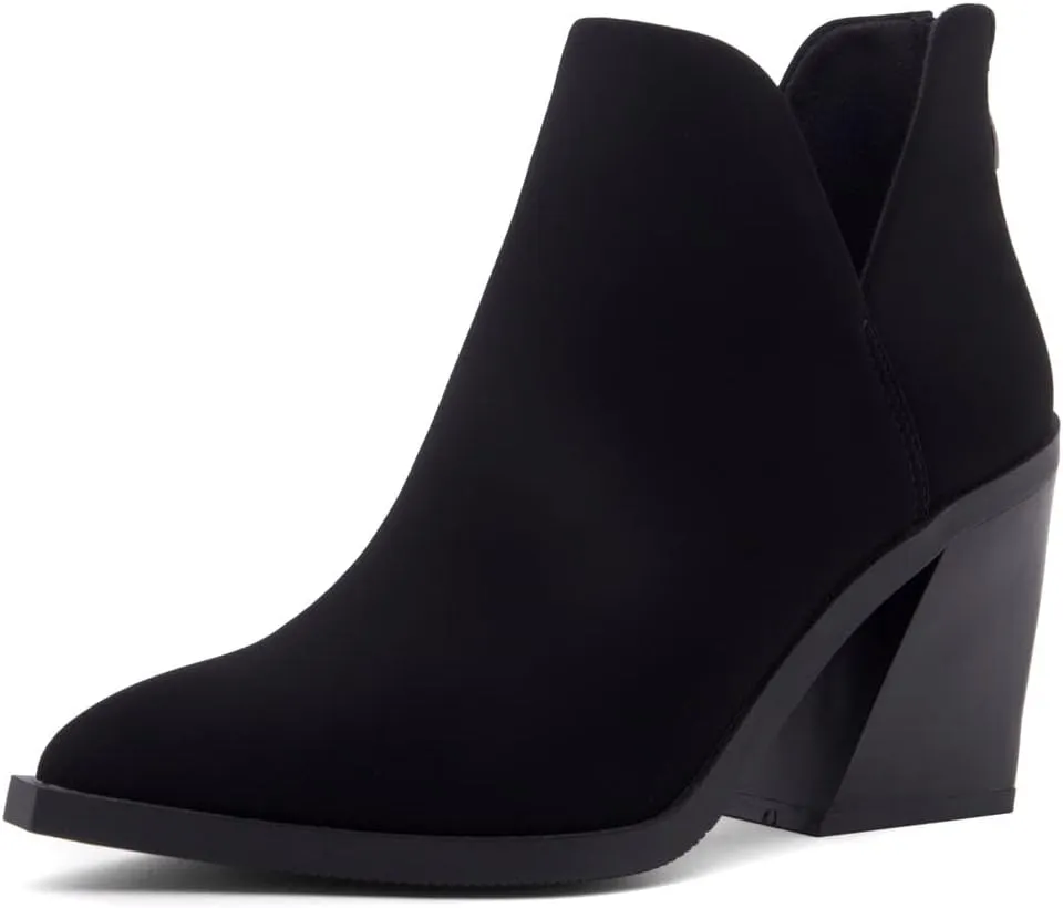 Shoe Land Mingo Women's Ankle Booties Chunky Stack Heels V Cutout Boots Pointed Toe Back Zipper Slip on Shoes