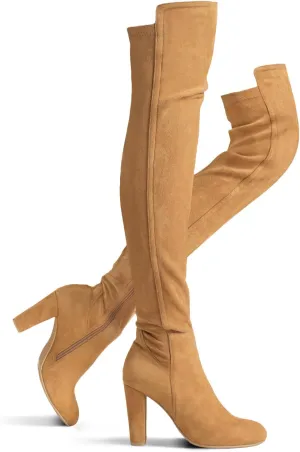 Shoe'N Tale Women Faux Suede Chunky Heel Stretch Over The Knee Thigh High Boots