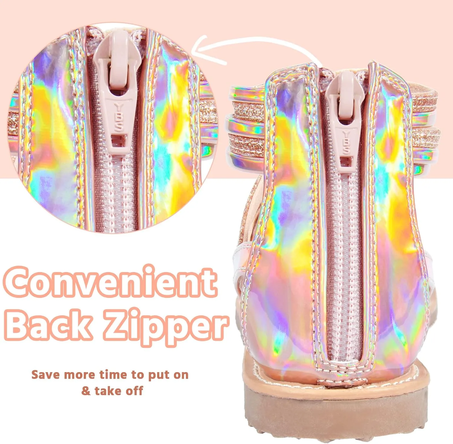 shoeslocker Girls Gladiator Sandals Summer Flat Open Toe Shimmer Shoes Strap Ankle Sandals with Back Zipper for Little Kids Big Kids