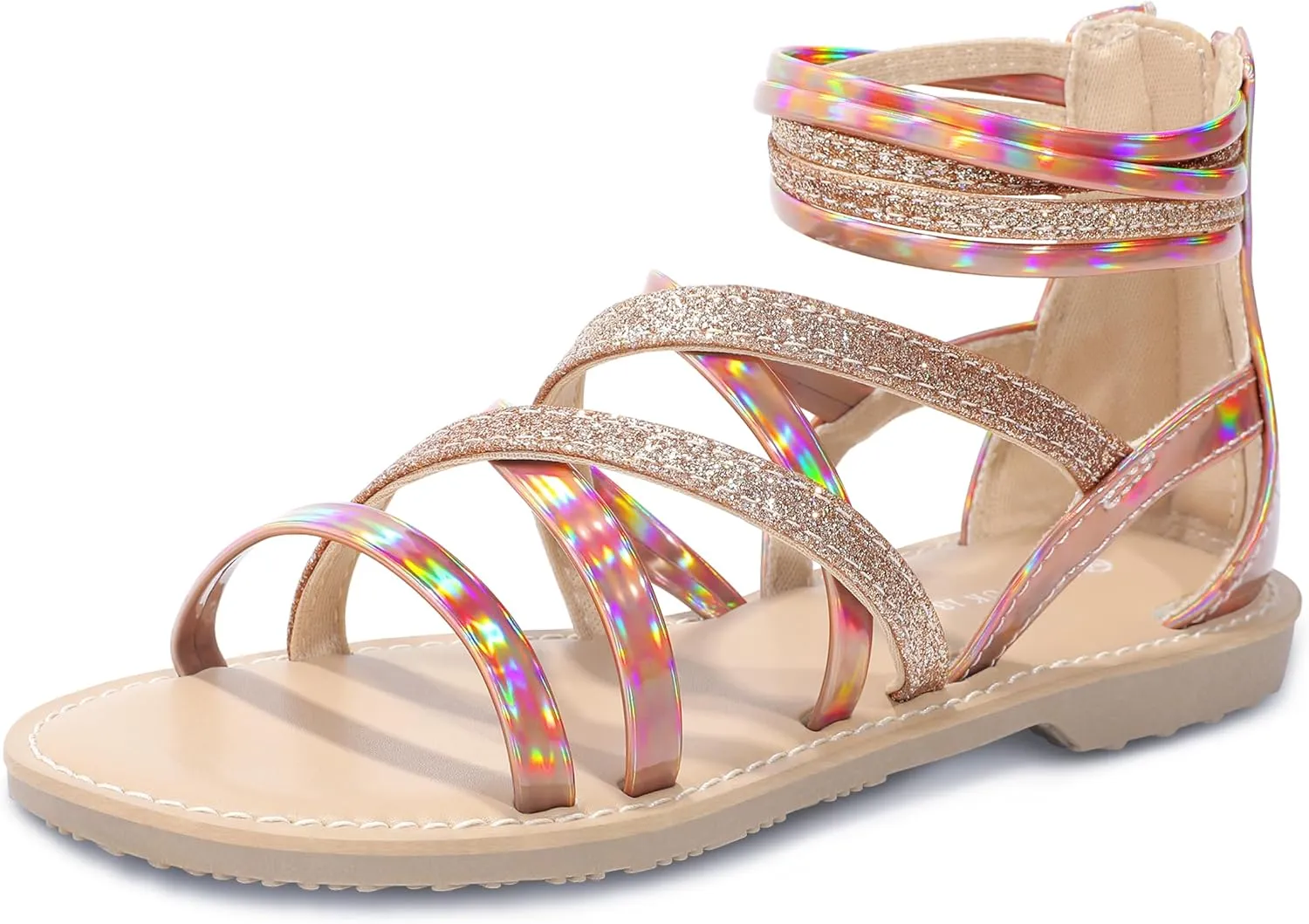 shoeslocker Girls Gladiator Sandals Summer Flat Open Toe Shimmer Shoes Strap Ankle Sandals with Back Zipper for Little Kids Big Kids