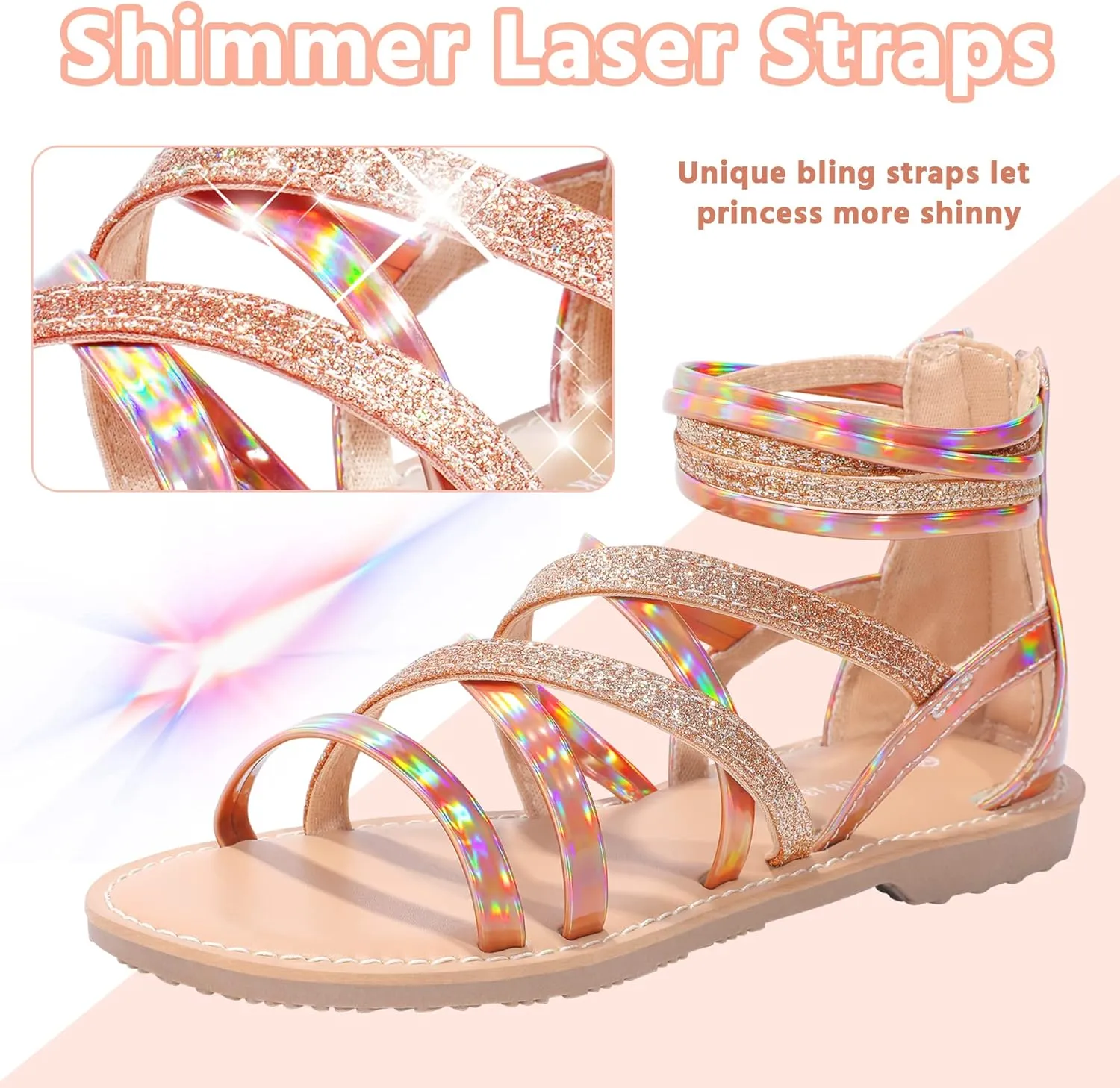 shoeslocker Girls Gladiator Sandals Summer Flat Open Toe Shimmer Shoes Strap Ankle Sandals with Back Zipper for Little Kids Big Kids