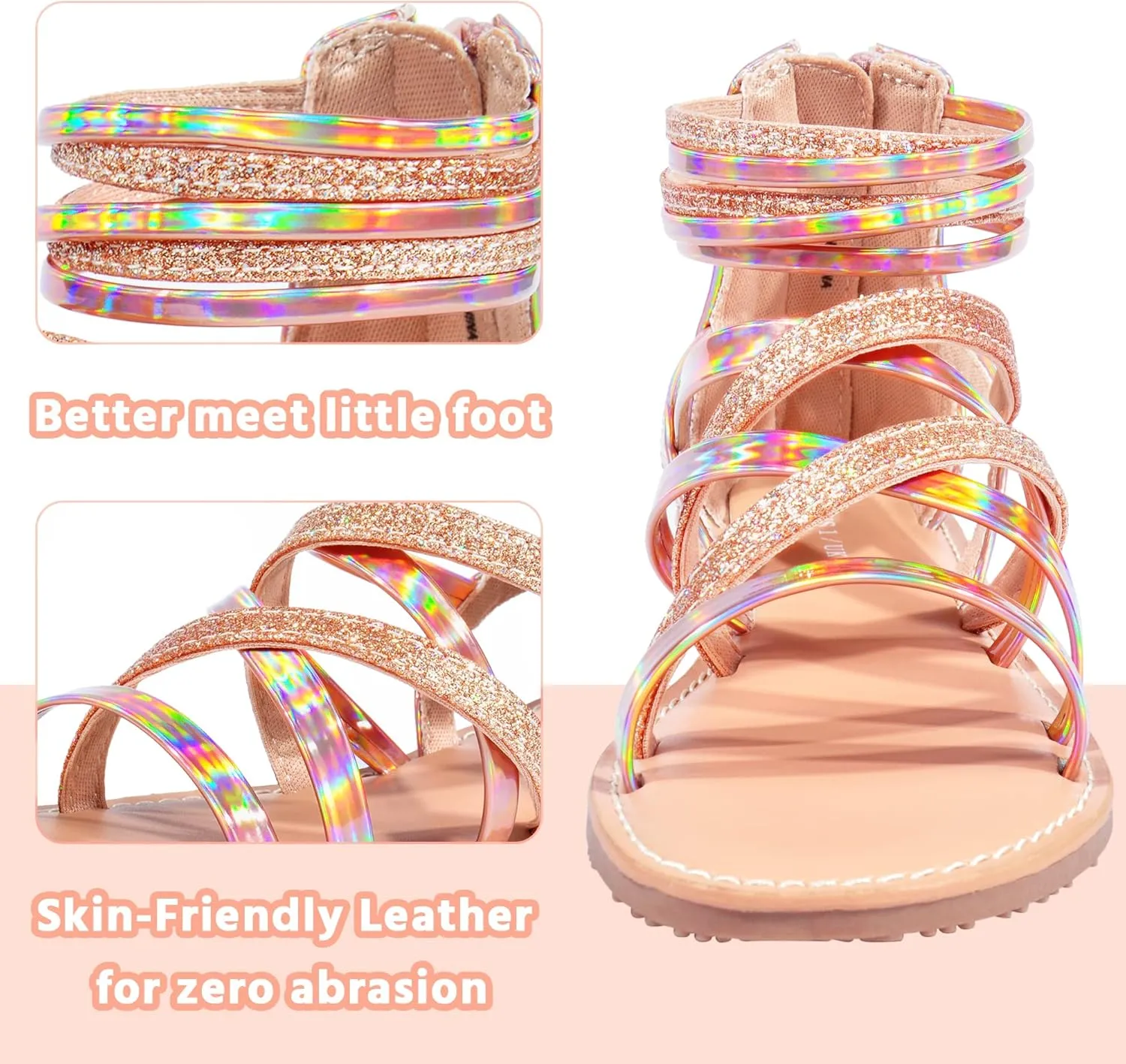 shoeslocker Girls Gladiator Sandals Summer Flat Open Toe Shimmer Shoes Strap Ankle Sandals with Back Zipper for Little Kids Big Kids