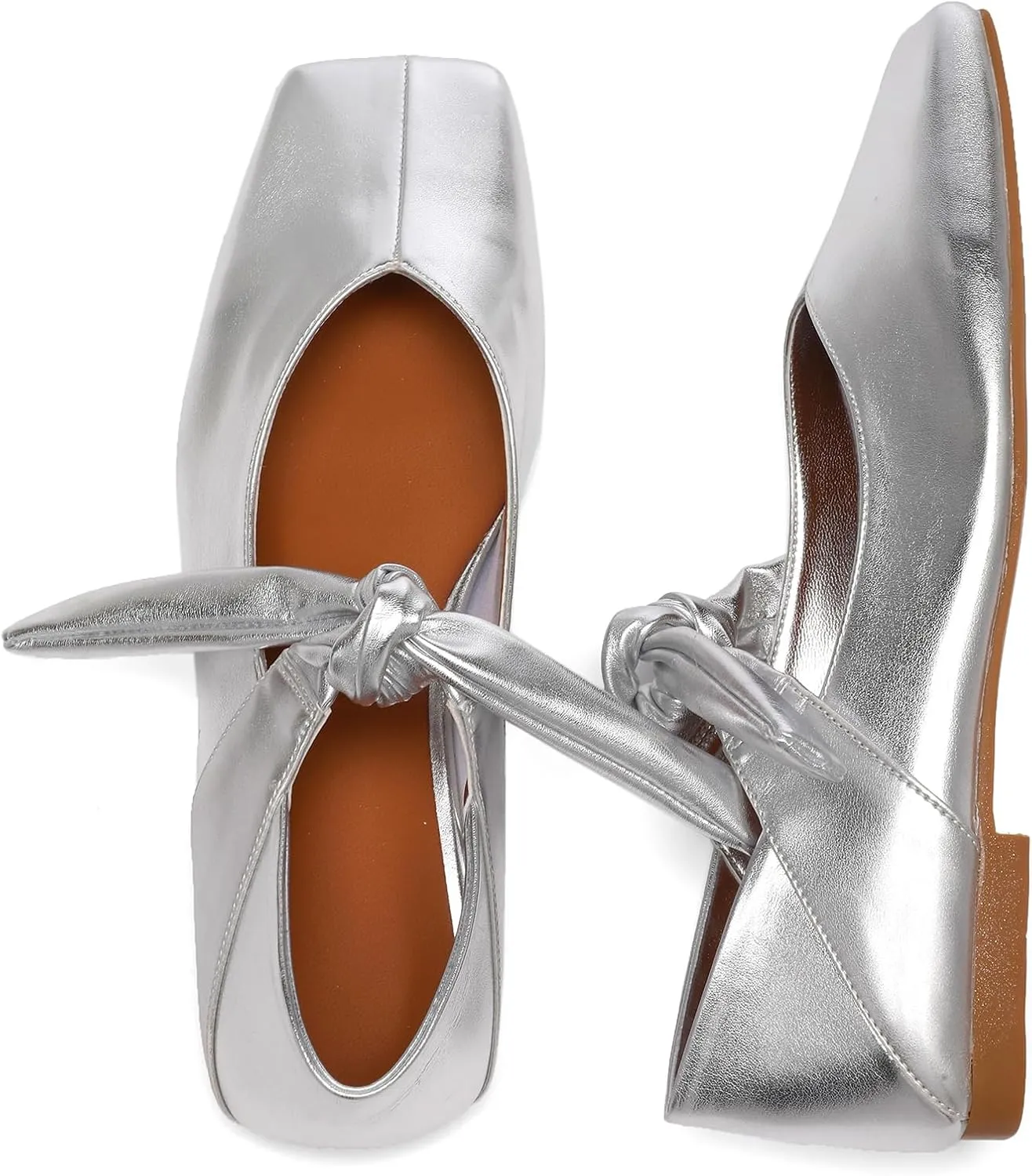 Silver Bow Ballet Flats Shoes for Women Bow Tie Slip On Mary Jane Flats Square Toe Casual Dress Ballerina Shoes