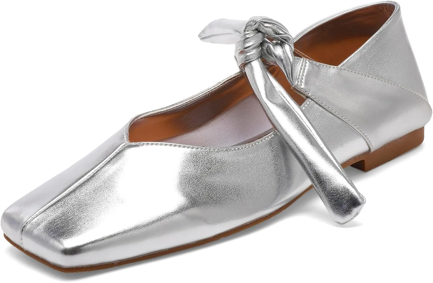 Silver Bow Ballet Flats Shoes for Women Bow Tie Slip On Mary Jane Flats Square Toe Casual Dress Ballerina Shoes
