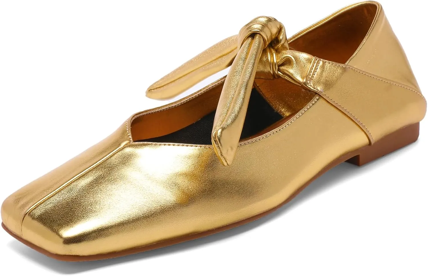 Silver Bow Ballet Flats Shoes for Women Bow Tie Slip On Mary Jane Flats Square Toe Casual Dress Ballerina Shoes