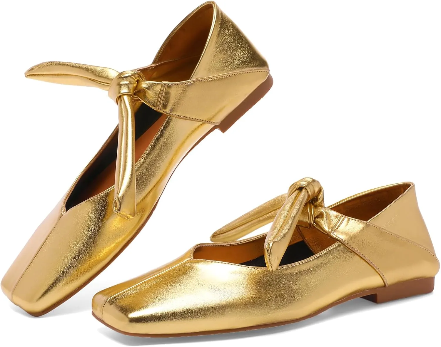 Silver Bow Ballet Flats Shoes for Women Bow Tie Slip On Mary Jane Flats Square Toe Casual Dress Ballerina Shoes